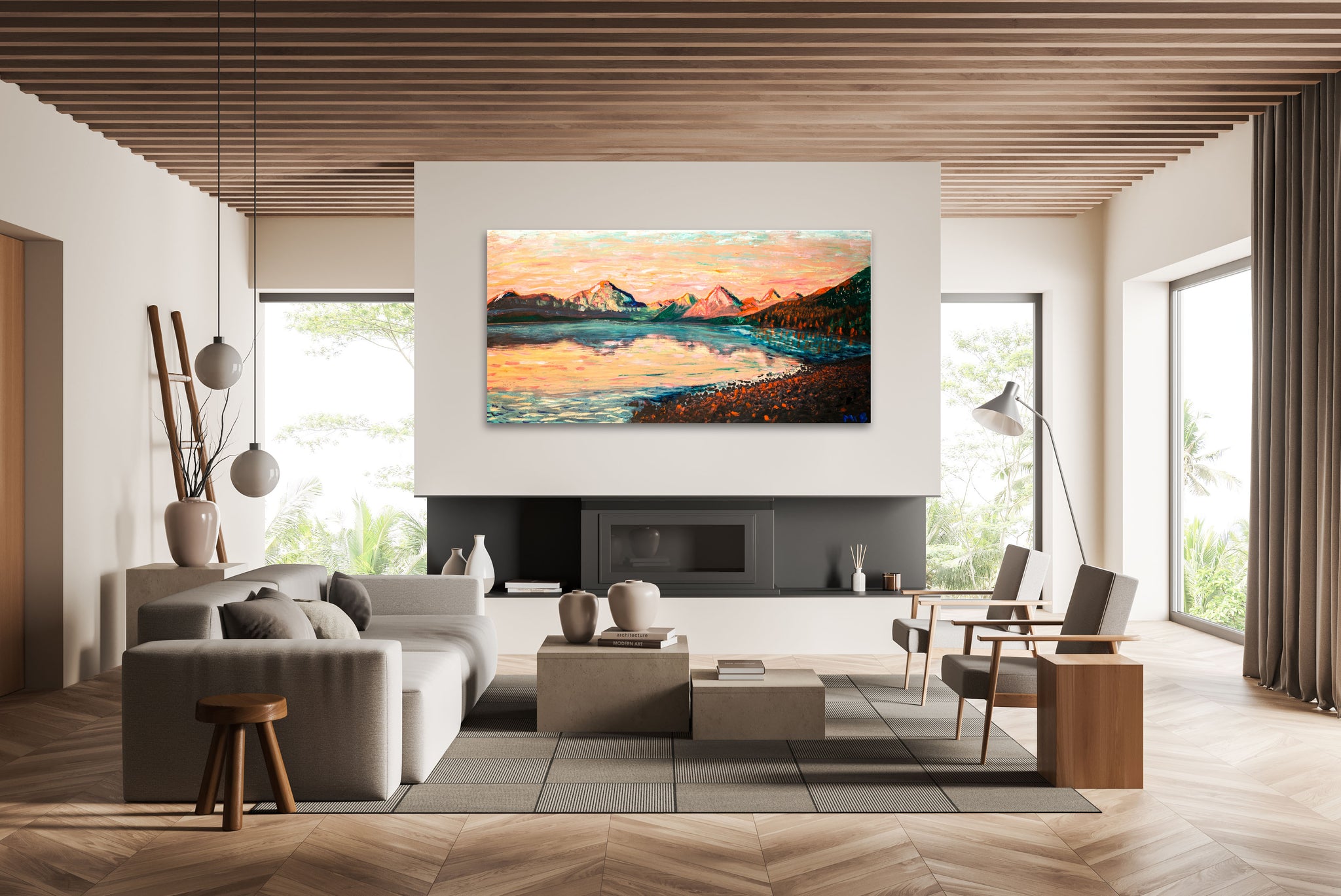 Lake Mcdonald painting shown in a room for scale